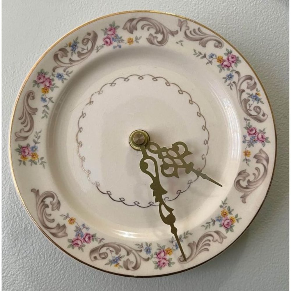 Plate Clock - Vintage Floral English Tea Saucer Clock - 6.5" gold ornate hands